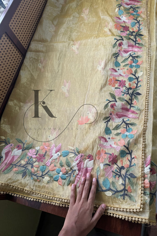 Tissue Organza Bird Saree  - Yellow 2