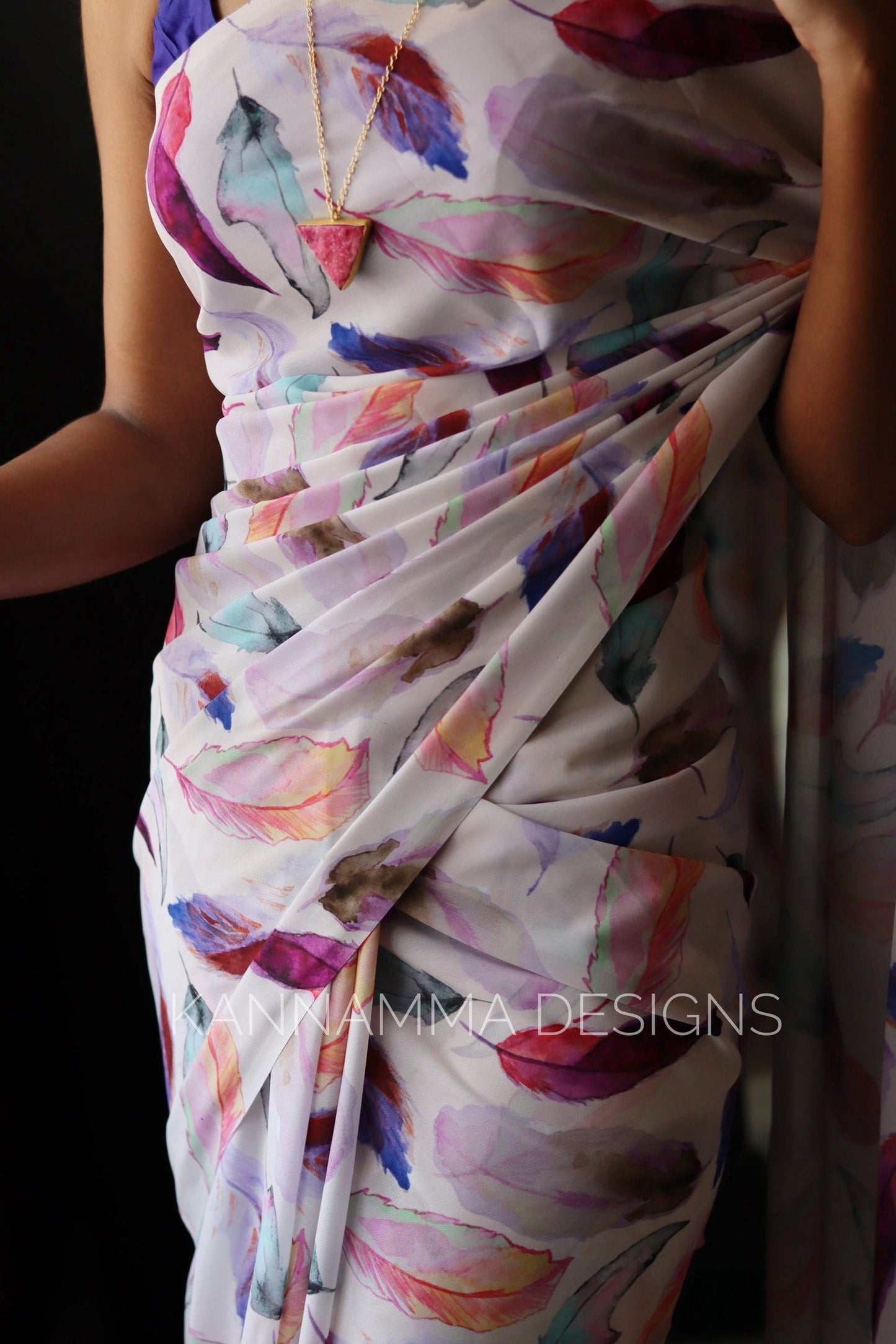 Feather Print Saree - Blue (KS321)